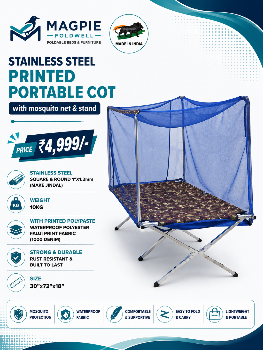 Stainless Steel Printed Portable Cot with Mosquito Net & Stand - Image 2