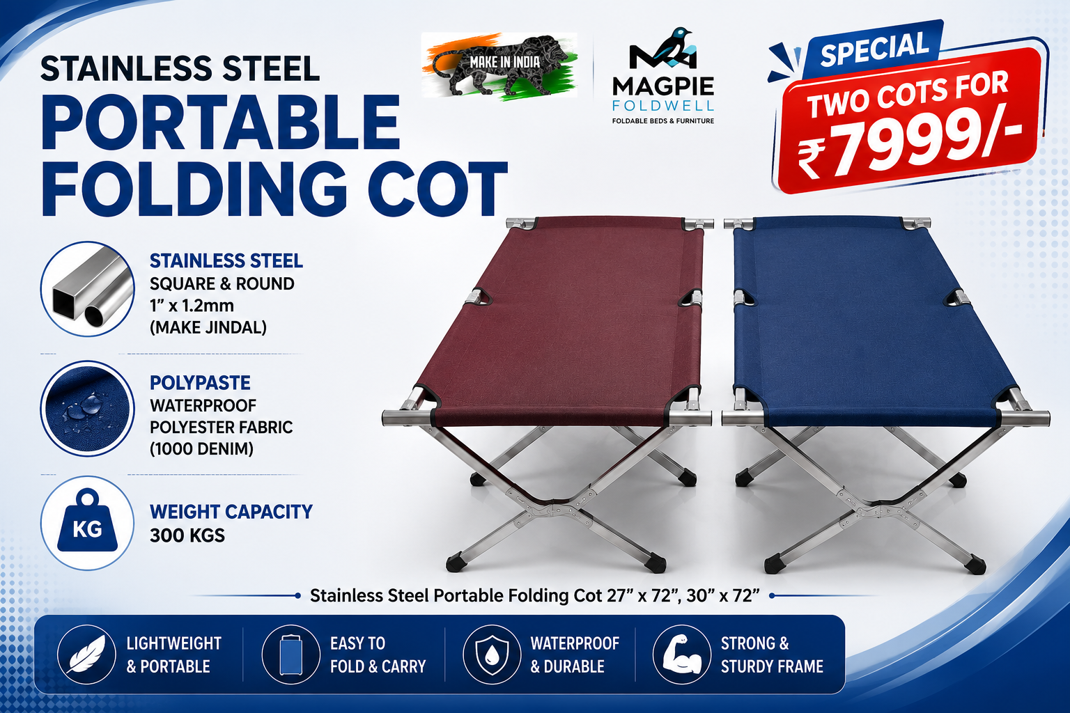 Stainless Steel Portable Folding Cot Combo Pack (Set of 2) - Image 2